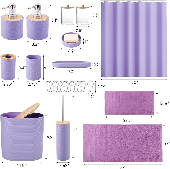 Purple Bathroom Set, Purple Bathroom Accessories Set with Shower Curtain, Bath Towel Set, Trash Can, 2PCS Soap Dispensers, Soap Dish, Toothbrush Holder and Cup,Toilet Brush for Bathroom Decor
