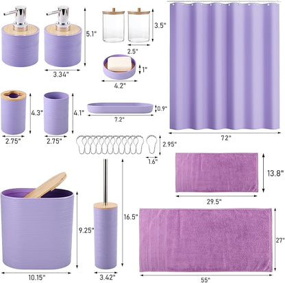 Purple Bathroom Set, Purple Bathroom Accessories Set with Shower Curtain, Bath Towel Set, Trash Can, 2PCS Soap Dispensers, Soap Dish, Toothbrush Holder and Cup,Toilet Brush for Bathroom Decor