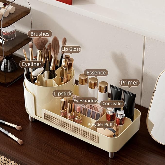 Rotating Makeup Organizer Countertop,Large Capacity Makeup Organizers for Vanity,2 in 1 makeup storage organizer for Bathrooms,Cosmetic Display Case(Cream)