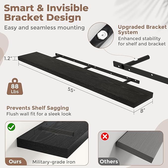 55 Inch Floating Shelves for Wall Set of 2, 8"D Wood Grain Bathroom Shelves with Invisible Brackets, Easy Install Engineered Wood Storage Shelves for Kitchen, Living Room, Bedroom, Black Finish