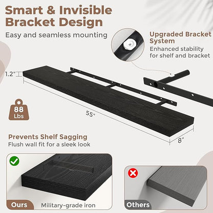 55 Inch Floating Shelves for Wall Set of 2, 8"D Wood Grain Bathroom Shelves with Invisible Brackets, Easy Install Engineered Wood Storage Shelves for Kitchen, Living Room, Bedroom, Black Finish