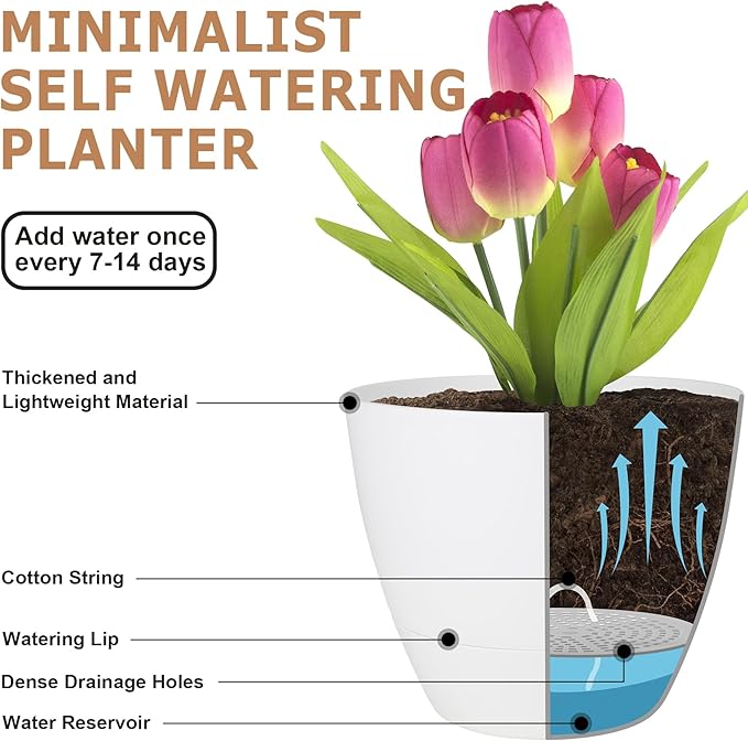 Plant Pots 12/10/9 Inch Self Watering Pots, Set of 3 Plastic Planters with Drainage Holes and Saucers,Plastic Flower Pots,Nursery Planting Pot for Indoor Out Door Plants(Pure White)