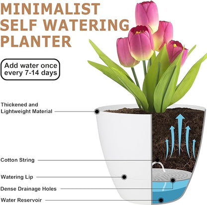 Plant Pots 10/9/8/7.5/7 Inch Self Watering Pots, Set of 5 Plastic Planters with Drainage Holes and Saucers,Plastic Flower Pots,Nursery Planting Pot for Indoor Out Door Plants(Pure White)