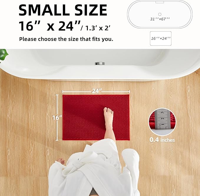 Bathroom Rugs Non Slip Washable, Super Absorbent Thin Bath Mat Small Quick Dry Low Pile Bathroom Rug, Red 16"x24"
