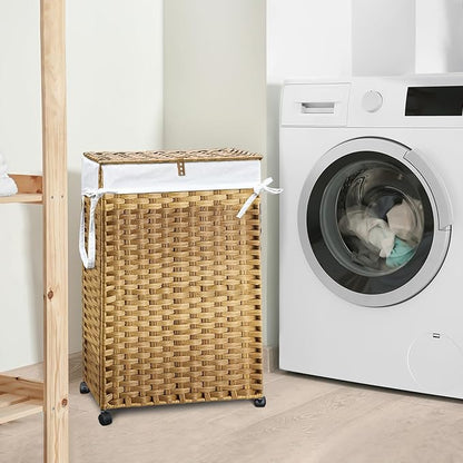70L Slim Laundry Hamper with Lid & Wheels, 2-Park Rolling Laundry Basket with 4 Removable Liner Bags & 3 Mesh Bags, Narrow Dirty Clothes Basket, Foldable Handwoven Rattan Laundry Sorter, Natural