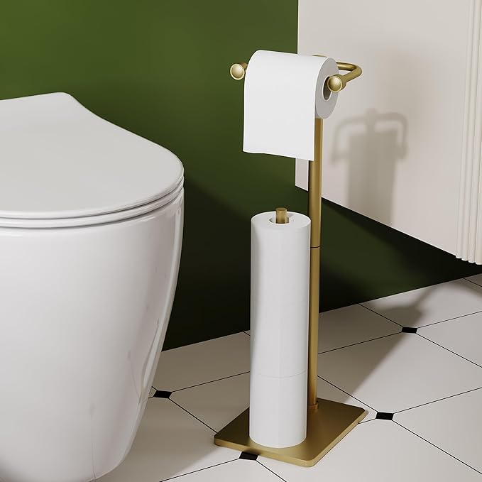 RUACQ Toilet Paper Holder Stand, Bathroom Toilet Paper roll Holder Free Standing with Storage for 4 Rolls, Post Pivoting Design, Stable Weighted Base, SUS304 Stainless Steel (Brushed Gold)