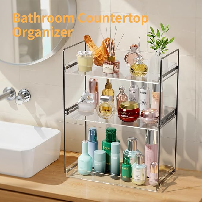 Bathroom Countertop Organizer, 3 Tier Metal Vanity Counter Skincare Shelf, Matte Black Under Sink with Acrylic Tray, Home Storage Holder for Makeup Cosmetics Perfume Spice,Black+Clear