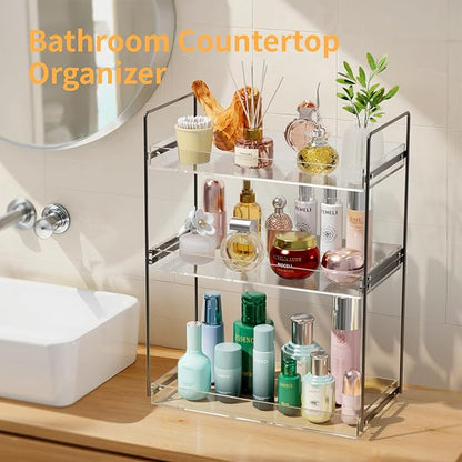 Bathroom Countertop Organizer, 3 Tier Metal Vanity Counter Skincare Shelf, Matte Black Under Sink with Acrylic Tray, Home Storage Holder for Makeup Cosmetics Perfume Spice,Black+Clear