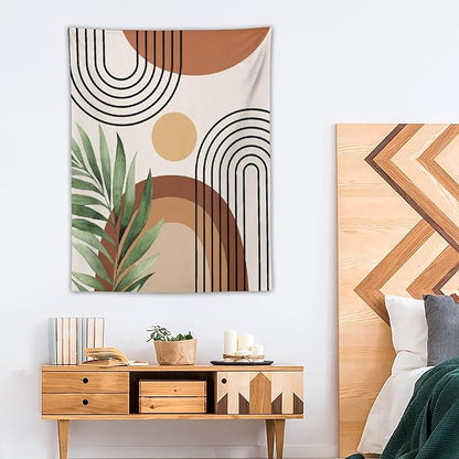 Abstract Bohemian Mid Century Tapestry, Tropical Leaves Modern Geometric Archway Minimalist Bohemian Botanical Aesthetic Wall Hanging, Sage Green Gold Home Decor Art for Bedroom 60x80 Inch
