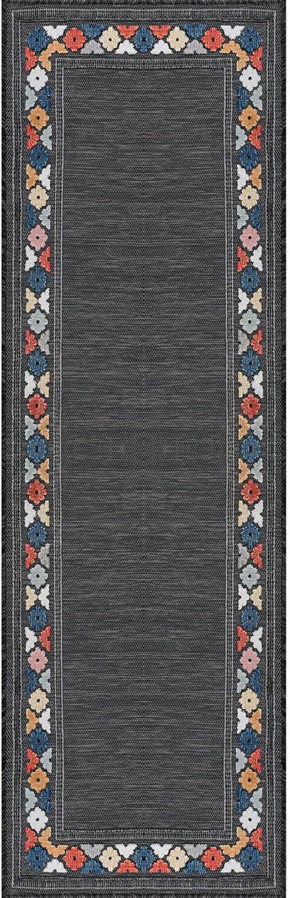 Beverly Rug Outdoor Runner Rug 2x7 Modern Floral Bordered Area Rugs for Indoor and Outdoor Patio Easy to Clean Non Shedding Living Room Porch Garden Washable Outside Carpet (2 x 7 Dark Gray)