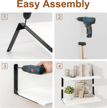 16" W x 12" D White Floating Shelves for Wall, 12 Inch Deep Floating Shelf with Visible Bracket, Rustic Wood Bookshelf Wall Mounted, Deep Bathroom Shelves for Storage, Set of 2