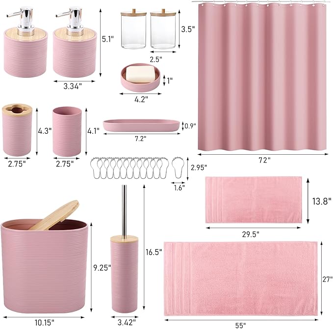 Pink Bathroom Accessories Set, Bathroom Sets with Shower Curtain, Bath Towel Set, Pink Shower Curtain Set with Bathroom Trash Can, Soap Dispenser, Soap Dish for Home Decor