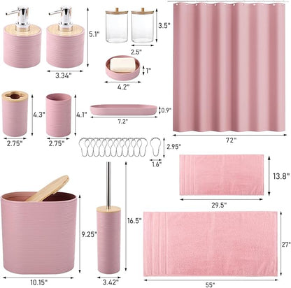 Pink Bathroom Accessories Set, Bathroom Sets with Shower Curtain, Bath Towel Set, Pink Shower Curtain Set with Bathroom Trash Can, Soap Dispenser, Soap Dish for Home Decor