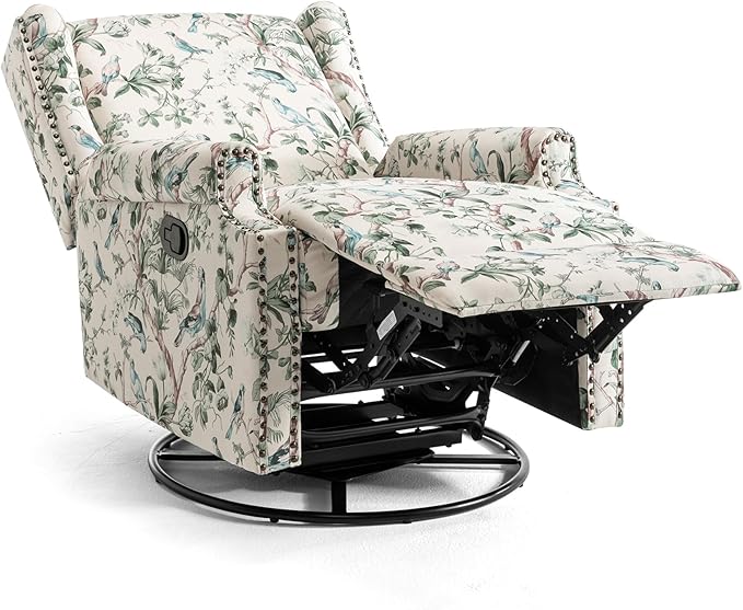 UIXE Swivel Rocker Manual Recliner Chairs Set of 2, Wingback Swivel Glider Fabric Nursery Reclining Sofa Chair, High Back Upholstered Arm Chair for Living Room Bedroom - Bird Pattern