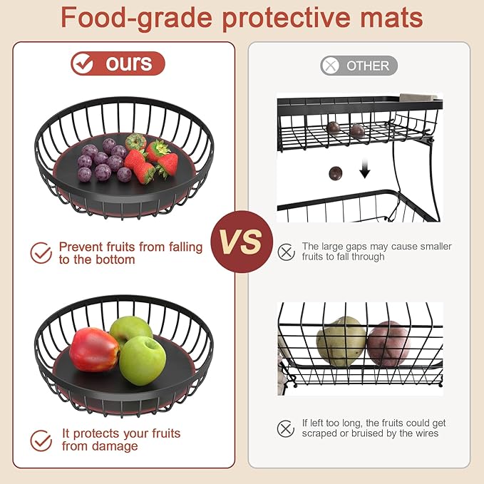 2 Tier Fruit Basket for Kitchen Counter with 2 Banana Hangers, 2025 Pro Detachable Metal Fruit Bowl with Wooden Handle,Fruit Holder for Bread Snack Veggies, Black Extra Large