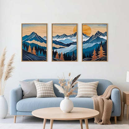 Blue Woodcut Mountain Framed Canvas Wall Art Set, Boho Abstract Ridge Wall Decor, Pine Tree Landscape Wall Painting, Sunrise Forest Art Print for Living Room, Bedroom, Office - 16"X24"X3