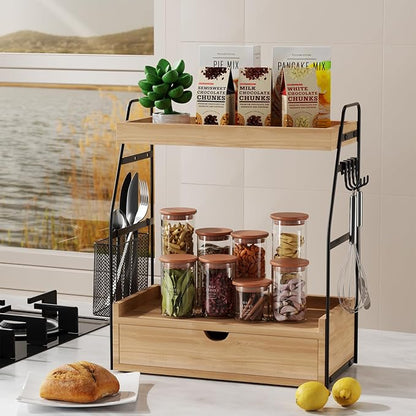 2 Tier Bathroom Counter Organizer with Drawer & Basket, Wooden Vanity Tray Countertop Shelf Accessories for Makeup Storage, Coffee Bar Station, Perfume Skincare, Kitchen, Bedroom (Brown)