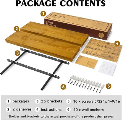 BGMG Wood Floating Shelves for Wall 18 inch Set of 2, Rustic Wooden Wall Mount Shelves for Living Room Bedroom Kitchen Farmhouse-18x6.7x1.25 inch- Gold Oak