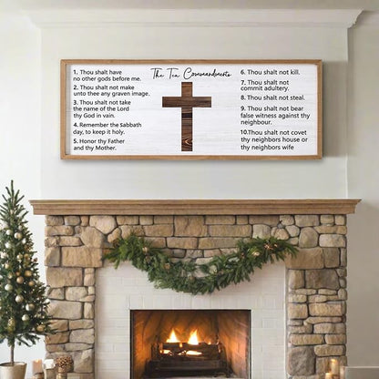 Ten Commandments Rustic Bible Verse Framed Wall Art 40" x 15" Natural Religious Christian Slogan Representing God Jesus Christ Prayer Vintage Holy Inspirational Catholic Scripture Decor