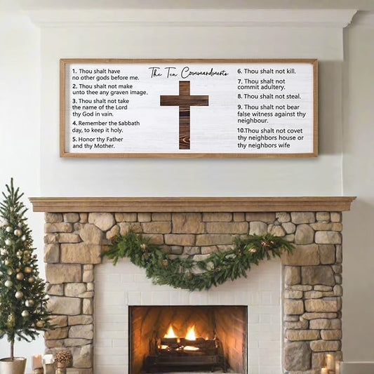 Ten Commandments Rustic Bible Verse Framed Wall Art 40" x 15" Natural Religious Christian Slogan Representing God Jesus Christ Prayer Vintage Holy Inspirational Catholic Scripture Decor