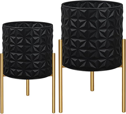 ARNIS Modern Planter Pots, Set of 2 Large Planters with Stand, Decorative Planters, Metal Pots with Drainage Holes for Living Room, Office, Garden or Balcony, 10.5 &12.25 Inch, Matte Black