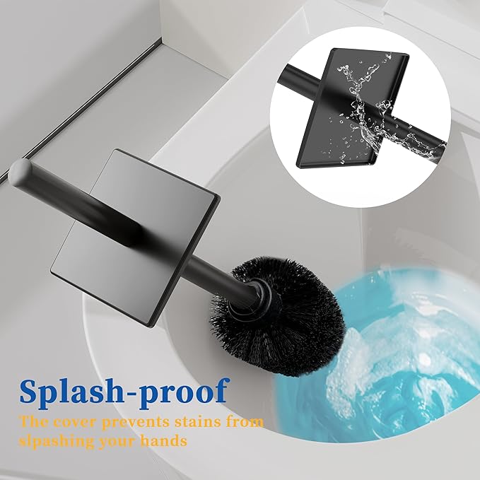 RUACQ Toilet Brush and Holder Set,Square Toilet Bowl Brush for Bathroom with 304 Stainless Steel Handle Toilet Cleaner Brush with Durable Scrubbing Bristles,Splash-Proof (Matte Black)