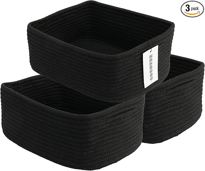 Small Woven Storage Baskets 13“X9”X5“ Decorative Rope Bins for Organizing Shelves, Closets, and Toys, Empty Gift Baskets, Cute Organizer Basket for Home and Office (black, Large)