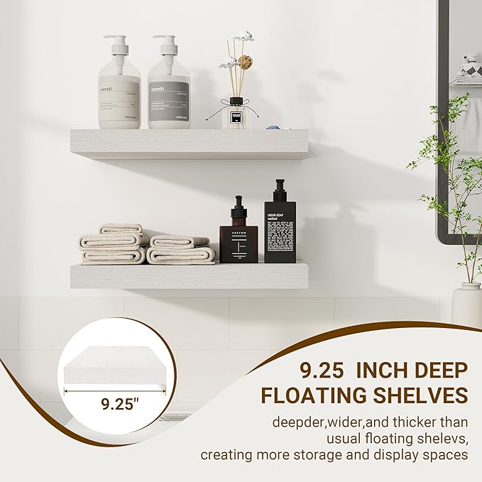 16 Inch Floating Shelves, 16"x9.25"x1.5" Inch Deep Floating Shelves for Wall, Wooden Shelves for Bathroom, Bedroom, Living Room, Cream White Oak, 2 Pieces