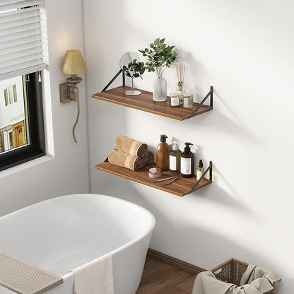 12 Inch Deep Floating Shelves, 30W x 12D Wall Shelves with Brackets, Walnut Floating Shelves 30 Inch Long, Rustic Wood Wall Shelf, Wide Storage Display Shelf for Kitchek, Living Room, Bathroom