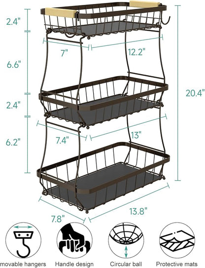 3 Tier Fruit Basket for Kitchen Counter with 2 Mobile Banana Hangers, 2025 Pro Detachable Metal Fruit Bowl with Wooden Handle, Fruit Holder for Bread Snack Veggies, Brown