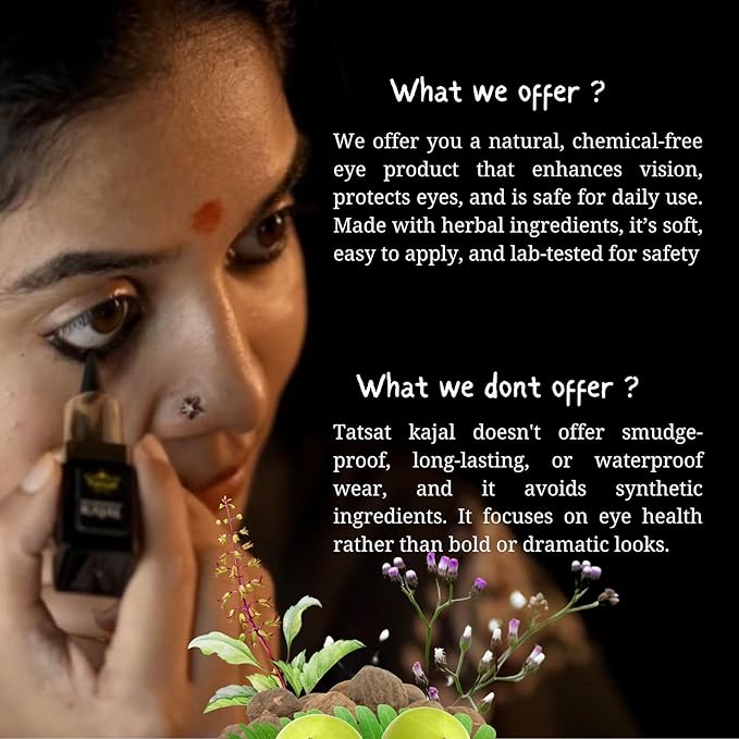 Tatsat Ayurvedic Herbal Kajal | Natural, Lead-Free & Chemical-Free Eye Care | Soothing Formula for Everyday Use | Safe for All Skin Types | Made with Triphala, Chakshushya Herbs, Castor Oil etc