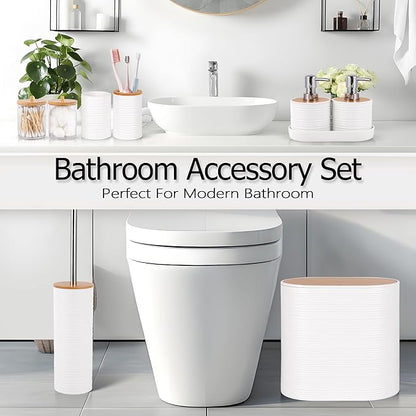 White Bathroom Set, 25 PCS Bathroom Accessories Set with Shower Curtains, Rugs, Trash Can, Toothbrush Holder, Soap Dispensers, Toothbrush Cup, Vanity Tray, Soap Dish, Toilet Brush, Qtip Holders