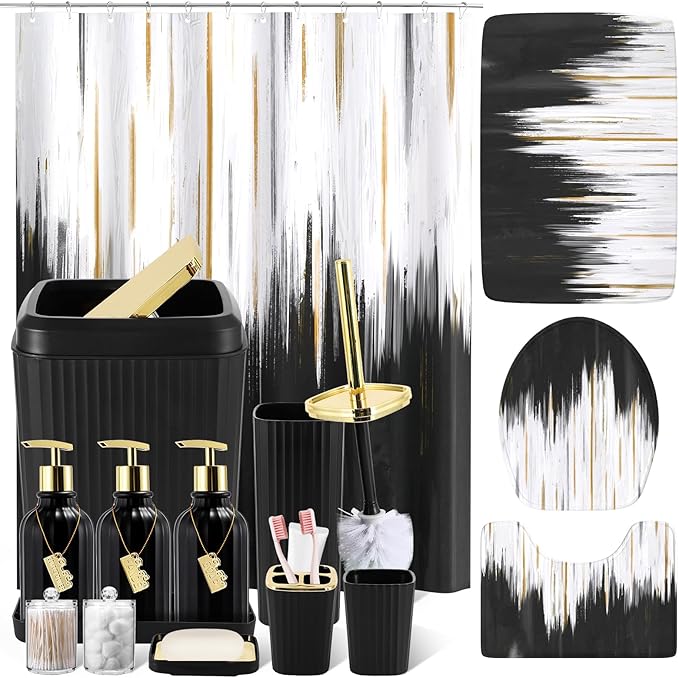 32PCS Bathroom Sets with Shower Curtain and Rugs-Purple Bathroom Accessories,Non Slip Bathroom Rugs Set with Toilet Lid Cover, Waterproof Shower Curtain, 3PC Soap Dispenser with Trash Can