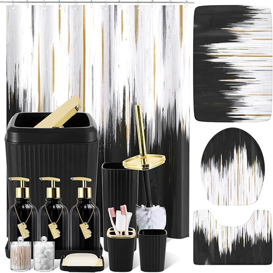 32PCS Bathroom Sets with Shower Curtain and Rugs-Purple Bathroom Accessories,Non Slip Bathroom Rugs Set with Toilet Lid Cover, Waterproof Shower Curtain, 3PC Soap Dispenser with Trash Can