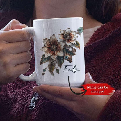 Customized Name Coffee Cup, Custom Steampunk Floral Design Cup, Personalized Flower Lover Ceramic Cup 11oz, White Mug Gift For Floral Enthusiasts, Steampunk Flower Cup For Birthday