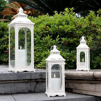 TRIROCKS Set of 3 Vintage Candle Lanterns 10/14/19.5'' High Decorative Outdoor Lantern Metal Candle Holder with Tempered Glass for Home Living Room Garden Yard Parties Events Indoors Outdoors (White)