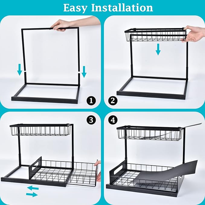 REALINN Under Sink Organizer, Pull Out Cabinet Storage 2 Tier Slide Out Sink Shelf, Kitchen Organizers and Storage, Black, 1 Pack