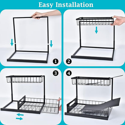 REALINN Under Sink Organizer, Pull Out Cabinet Storage 2 Tier Slide Out Sink Shelf, Kitchen Organizers and Storage, Black, 1 Pack