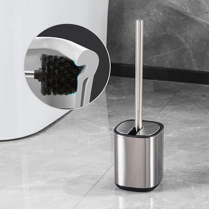 Toilet Brush and Holder Set Toilet Bowl Brush Stainless Steel Automatic Toilet Bowl Cleaner Brush with Durable Bristle Head Toilet Cleaning Brush for Bathroom 2 Pack Set SS