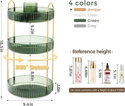 360° Rotating Makeup Organizer, Upgraded 3 Tier Skincare Perfume Organizers for Women, Bathroom Organizer Countertop, Clear Cosmetic Dresser Organizer with Makeup Brush Holder, Sink&Counter (Green)