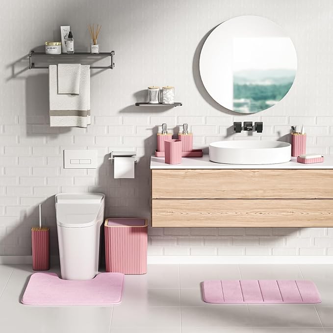 Bathroom Accessories Set - 25PC Pink Bathroom Set, Bathroom Set with Shower Curtain and Rugs, Pink Shower Curtain Set, Toilet Brush, Bathroom Trash Can