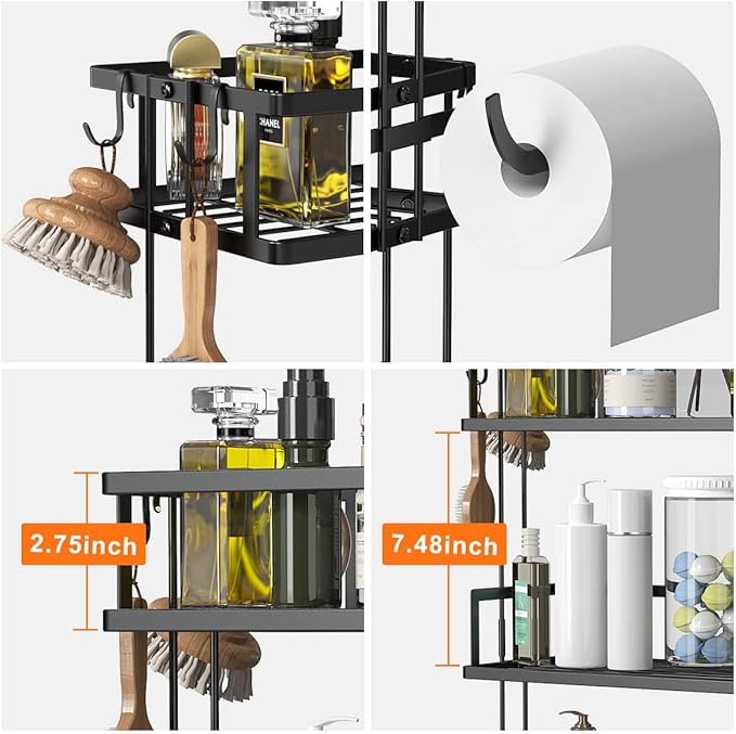 Over The Toilet Storage Shelf, 2-Tier Bathroom Storage Organizer Upgrade Punch-Free Toliet Storage Shelf, Home Storage Rack with Hooks Shelf,Black