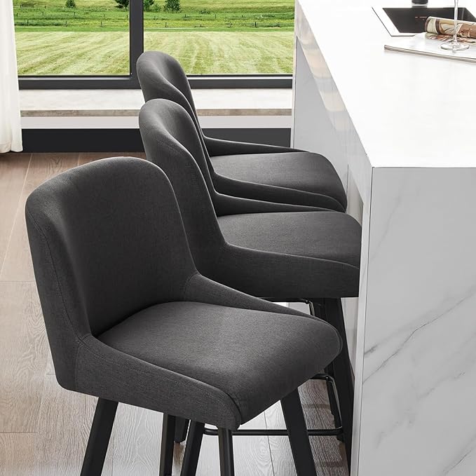 Swivel Counter Height Bar Stools Set of 4, 26''H Upholstered Barstools with Backs, Modern Bar Stool Chairs for Kitchen Island, Metal Legs, Fabric, Black Grey Stools Counter Chair