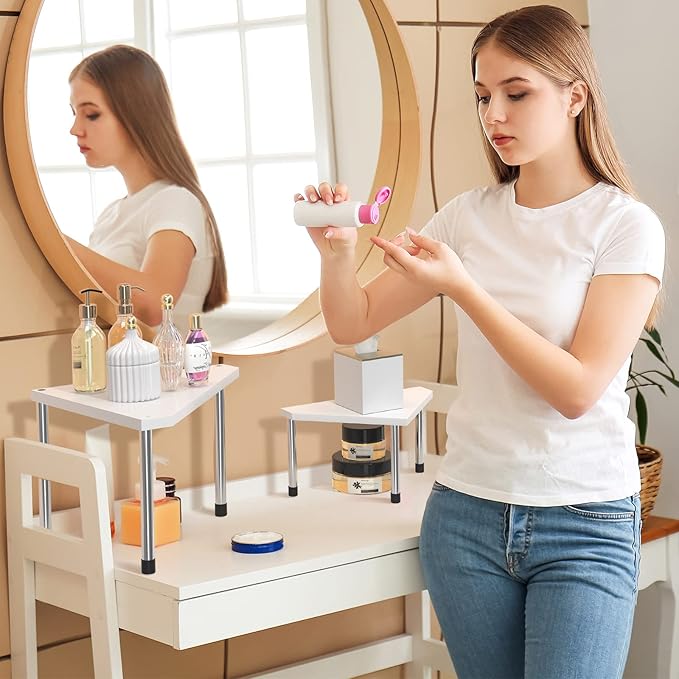 Weenson Bathroom Counter Organizer Over Sink for Toiletries Makeup, Kitchen Countertop Organizer Spice Rack for Salt, 2-Tier Corner Counter Shelf for Coffee Area Storage Dresser Table Bamboo