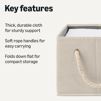 Amazon Basics Foldable Storage Bins with Rope Handles, Linen, Large, Pack of 3