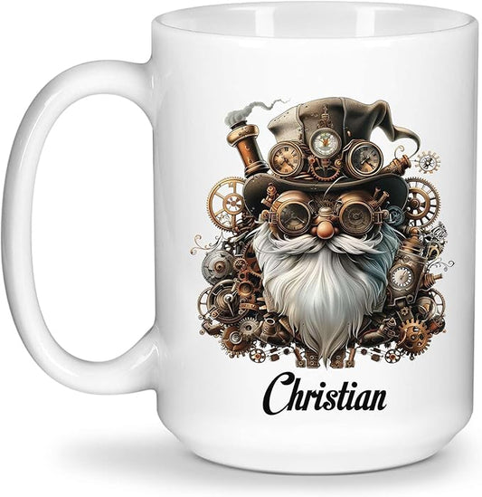 Custom Mechanical Art Mug 15oz, Personalized Steampunk Gnome Coffee Mug, Customized Name Ceramic Cup, Fantasy Enthusiasts Mug, Gnome White Mug With Steampunk Themed, Gift For Men