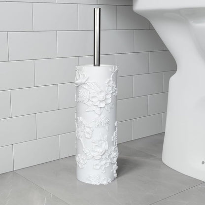 White Floral Branches Design Resin Toilet Bowl Brush and Holder Set, Elegant Bathroom Cleaning Tool with Durable Bristles, Compact and Functional