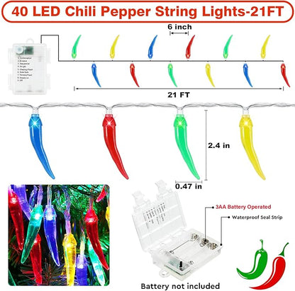 Chili Pepper String Lights, 40 LED 21Ft Chili Pepper Fairy Lights Battery Operated for Indoor Outdoor Garden Pool Birthday Mexican Party Wedding Christmas Summer Tropical Decor
