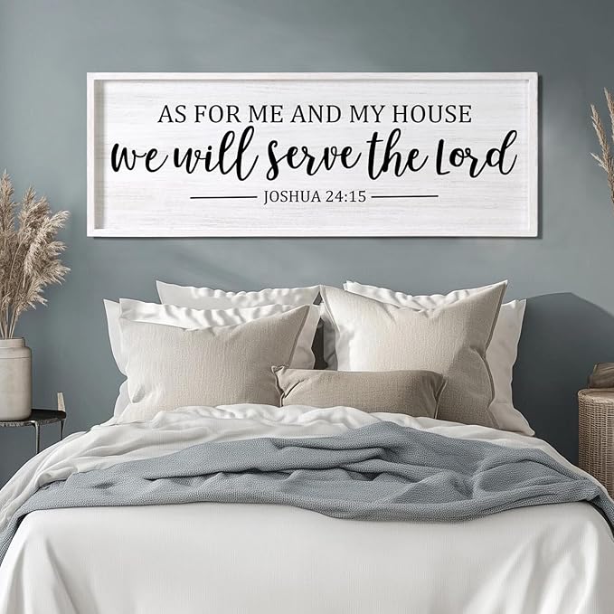As For Me And My House We Will Serve The Lord Framed Wall Art, 40''×15'' Positive Religious Bible Verse for Christian God Jesus Christ Prayer, Vintage Rustic Long Holy Catholic Scripture Decor