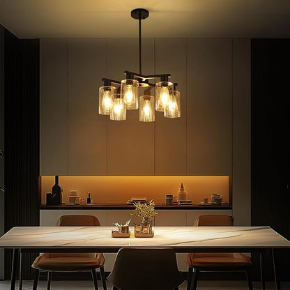 6-Light Black Modern Farmhouse Chandelier for Dining Room Ceiling Light Fixture with Clear Glass Shades, Adjustable Hanging Industrial Pendant Lighting for Living Room Kitchen Island Bedroom Entryway